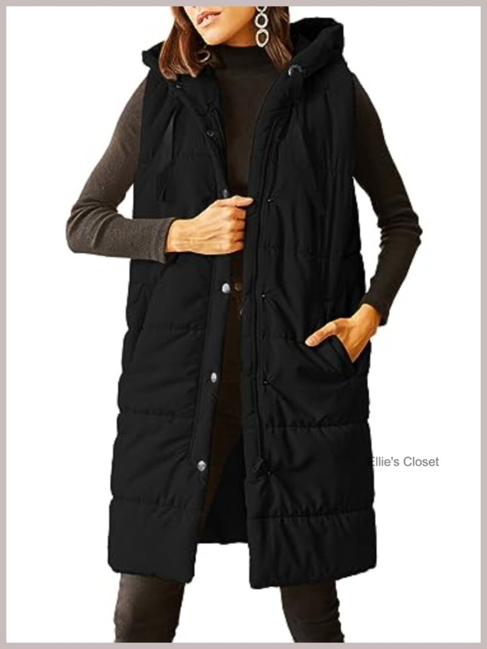 Long Quilted Puffer Vest Sleeveless Hooded Button Down Padded Coat